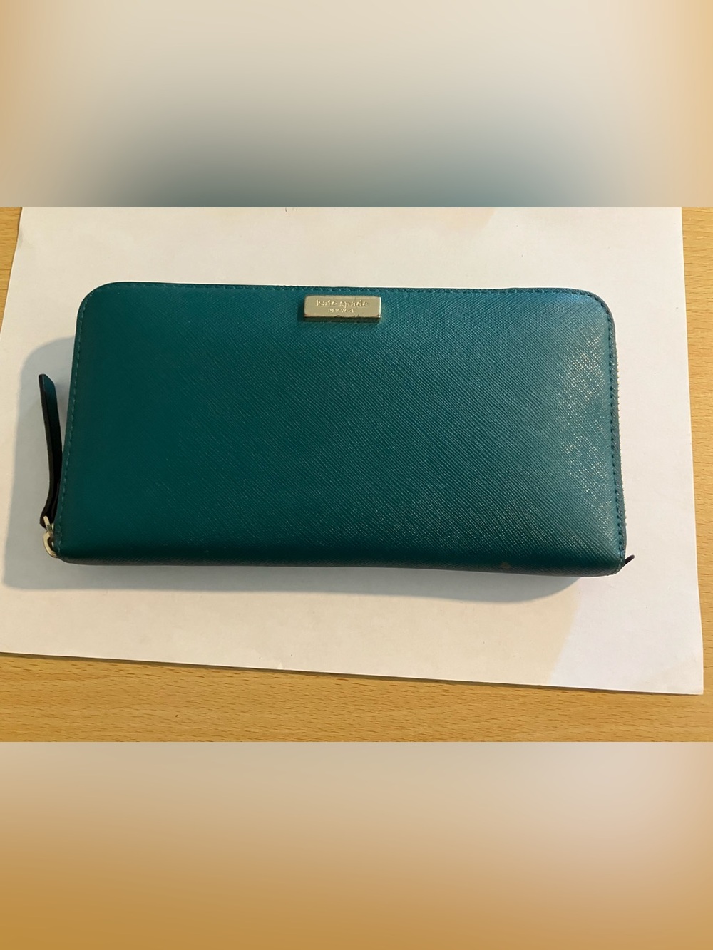 kate spade Teal Saffiano Long Zip Wallet with Gold Logo